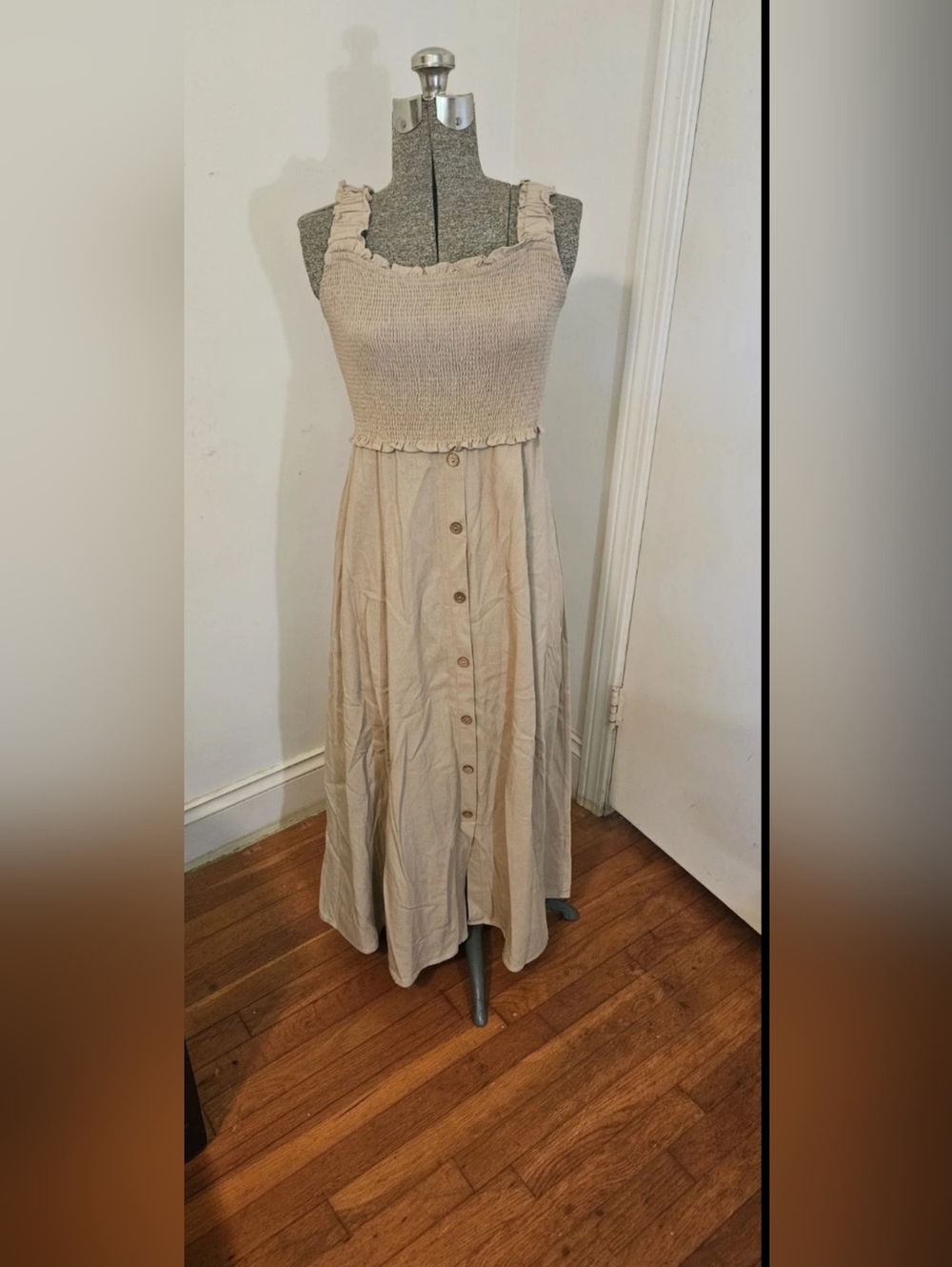 Blu Pepper Beige Smocked Tank Maxi Dress with Button Front Detail Size Medium